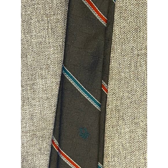 Vintage Christian Dior Logo Neck Tie Navy Light Blue Striped Thin Skinny 2.75" - Picture 2 of 5